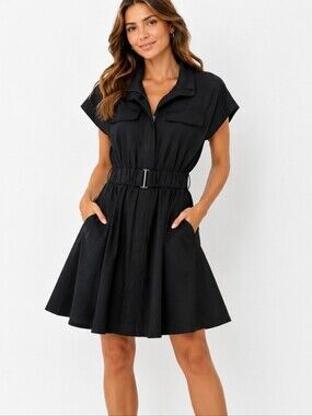 Kenneth Cole New York ~Woman Size 6~ Black Short Sleeve Belted Dress Zip Front.